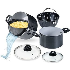 Genius Cerafit Magic Pot Kookpannenset, 6-delig, 20 cm + 24 cm, pan 3,7 l + 6,3 l met zeef en glazen deksel voor eenvoudig koken, afgieten en serveren, pastamachine voor alle warmtebronnen