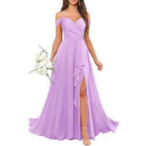 Chiffon bruidsmeisjesjurken voor dames, met split, lange baljurken, cocktailjurken, grote maten, Lila, 32