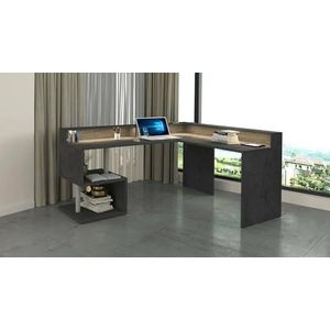 Dmora Albert hoekbureau met planken en ledlampen, multifunctioneel bureau met opzetstuk, 180 x 60 x 93 cm, leisteen