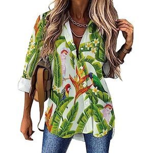 Papegaai in jungle casual shirt voor dames, button-down, lange mouwen, V-hals, blouse, tuniek voor leggings