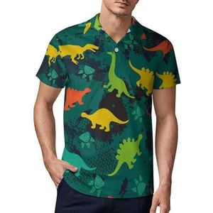 Kleurrijke dinosaurussen op groene camouflage heren golfpoloshirt Slim-fit T-shirts korte mouw casual print tops 3XL