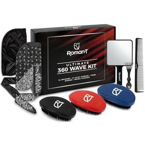 Roman-T 8-in-1 360° Wave Kit voor mannen, 3 golfborstels (zacht, medium, hard), 2 satijnen Durag, handspiegel, kam, haarborstelreiniger, geschenkset, zwart
