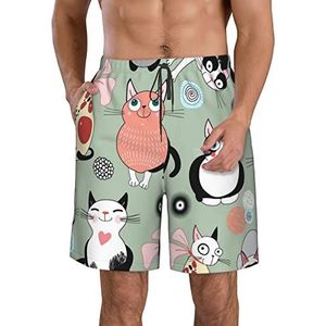 JIAWUJYNB Mooie cartoon kattenprint strandshorts voor heren, lichtgewicht, sneldrogend zwembroek met trekkoord en zakken, Wit, S
