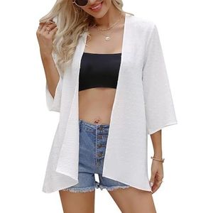 XIWCAFC Dames zomer chiffon kimono cardigan licht casual 3/4 mouwen beachwear bikini cover up gebreid vest effen lang, wit L/XL, One size