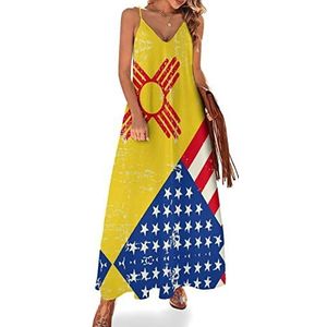 Vlag van de VS en New Mexico voor dames, zomer, maxi-jurk, V-hals, mouwloos, spaghettibandjes, lange jurk