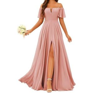 Prinses Bruidsmeisje Jurken Off Shoulder Prom Jurken Plooien Chiffon Formele Avond Party Maxi Jurk met Split ZMK196, Stoffige Roos, 32