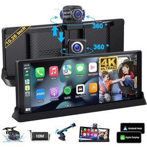【360° draaibare lens】4K Dash Cam Draadloos CarPlay & Android Auto GPS-navigatie Nachtzicht Dubbele lens Auto DVR Videorecorder Ondersteuning FM BT