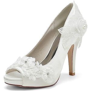 Bruidsschoenen Ivoor Kant, Trouwschoenen Dames Dressy Kanten Open Teen Jurk Schoenen, Pumps met Hoge Hakken voor Dames,ivoor,38 EU