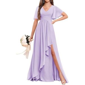 Chiffon bruidsmeisjesjurken voor dames, voor bruiloft, ruches avondgalajurken, cocktailjurken, grote maten, Lila, 32
