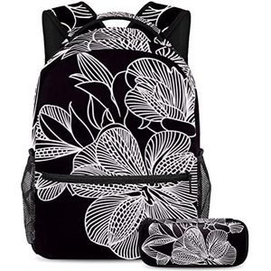 Zwart-witte bloemen rugzak met etui, 2 stuks Kid Schooltas Set voor Jongens Meisjes Tieners, Travel Book Bag voor Studenten, Meerkleurig, B：29.4x20x40cm P：19x7.5x3.8cm, Rugzakken