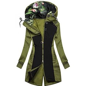 Sportjas voor dames, outdoor, dun, met capuchon, lang, licht, overgangsjas voor dames, herfst, parka, retro, patchwork, softshelljas, dames, zwarte capuchon, ritssluiting, mantel, vrouwen, elegante hoodie, groen, L