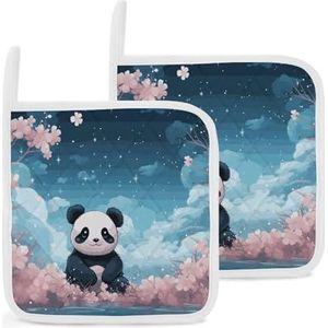 Pannenlappen, set van 2 keukenpannenlappen, panda en bloemen, hete pads met ophanglussen, resistente pannenlappen, oven, hete pads voor keuken, koken, bakken, barbecue