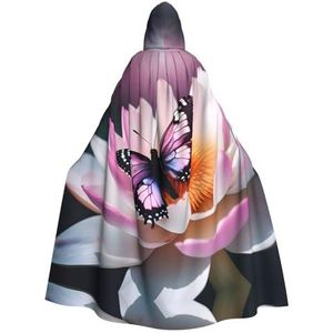 Bxzpzplj Mystieke mantel met capuchon en roze vlinderprint voor mannen en vrouwen, Halloween, cosplay en carnaval, 185 cm