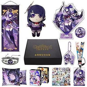 MOTAO Genshin Impact Box Xiao Hu Tao Qiqi Merch Set - pop, poster, kussensloop, standfiguur, armband, badge, sleutelhanger, kaarthoes, 30 Lomo-kaarten, 50 stickers (Raiden Shogun)