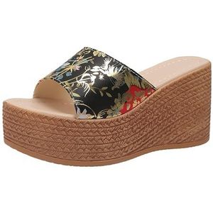 Damesplatformpantoffels Vintage Sleehakpantoffels Met Bloemmotief Zomerpeeptoe-pantoffels Elegante Bruidssandalen Vrije Tijd Boho Strandschoenen (Color : Black, Size : 41 EU)