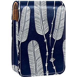 Lippenstift Hoesje met Spiegel Marineblauw Blad Boho Bohemen Lip Gloss Houder Draagbare Lippenstift Opbergdoos Reizen Make-up Tas Mini Lederen Cosmetische Pouch Houdt 3 Lippen