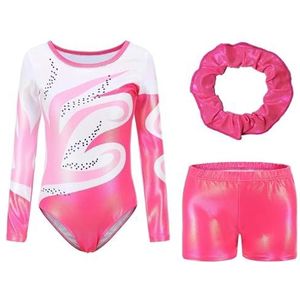 Gymnastiekpak met body, shorts, haarband, voor kinderen, meisjes, patchwork bedrukt shirt, mouwloze jersey-overall, trainingspak, turnpak (kleur: roze1, maat: 9-10)