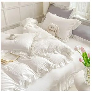 Kanten beddengoedhoes, Dekbedovertrekset met ruches, prinsessenstijl, veelkleurig, meerdere maten, 4 stuks, katoen(Color-05,Queen 4pcs 200x230)