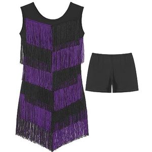 Danskostuums Damesjurk met kwastjes Latin dansvoorstelling kostuum Mouwloos Kleurblok Jurken met franjes en shorts Ballroomdanskleding (Color : Purple, Size : L)