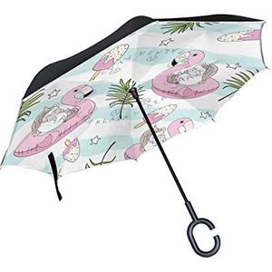 Jeansame Paraplu Reverse Paraplu's Omgekeerde Paraplu Leuke Koe Eenhoorn Flamingo Tropische Gestreepte Dubbellaags Zon Regen Winddicht Paraplu met C-vormige Handvat voor Auto Gebruik Mannen Vrouwen