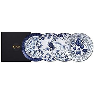 TOKYO Design Studio Flora Japonica Set van 4 borden blauw-wit, Ø 16 cm, ca. 2 cm hoog, Aziatisch porselein, Japans bloemmotief, incl. geschenkverpakking