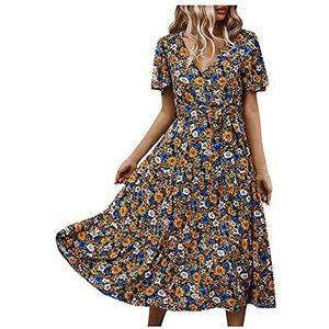 Damesjurk, boho, zomerjurk, vrijetijdsjurk, V-hals, madi-jurk, korte mouwen, strandjurk, zomer, elegant, casual, losse A-lijn jurk