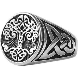 Viking Tree of Life Ring - Noordse Mannen Roestvrijstalen Keltische Knoop Yggdrasil Ring - Middeleeuwse Mode Vintage Tree of Life Signet Ring Pagan Amulet Pirate Sieraden (Color : Silver, Size : 13