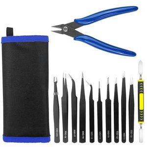 Lectorias Precisie-pincet, 12 stuks, elektronica, roestvrij staal, knutselen, ESD, antistatisch, modelbouw, snijtang, voor laboratoriumwerk, handwerk