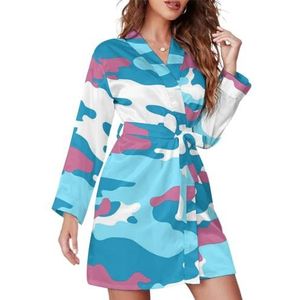 Roze En Blauw Camouflage Vrouwen Badjas Sjaal Kraag Loungewear Spa Badjas Lange Mouw Pyjama S