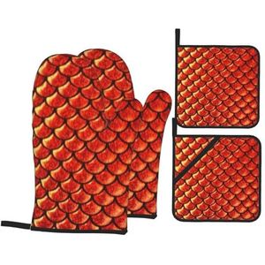 rode vis schaal Print ovenwanten en BBQ handschoenen, antislip kookhandschoenen voor bakken grillen (4-delige set)
