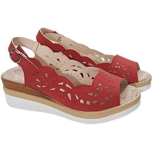 Retro Espadrille Sandalen Met Sleehak 2024 Nieuwe Mode Holle Sandalen Zomer Elegante Peep Toe Avondschoenen Platform Romeinse Sandalen Met Gesp Vrijetijdsstrandschoenen (Color : Red, Size : 40 EU)