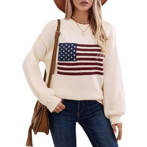 Cffvdiz Women's Crewneck American Flag Pullover Sweater Long Sleeve Loose Striped USA Knit Jumper Tops Fall 2024,Apricot,M