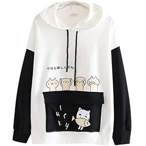 Japanse hoodie met schattige kat eet vis print voor meisjes Kawaii Japanse alfabet pullover met lange mouwen