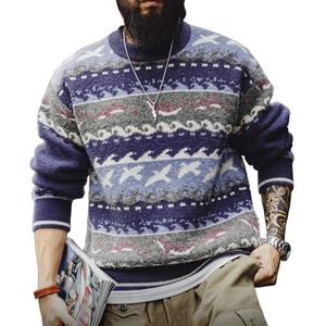 GKEIOSHQIL Heren Vintage Jacquard Trui Ronde Hals Lange Mouw Gebreid Patroon Pullover Top,Blauw,L