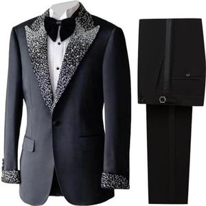 RAJEGAR 2-delige herenpakken, zwarte slanke smoking met piekrevers blazers, jas-broeksets voor bal, feest, bruiloft, diner, zwart-D, 3XL