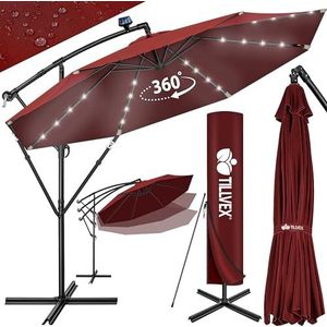 tillvex Zweefparasol Aluminium met LED Solar Ø 350 cm + Zwengel + Hoes + Windbescherming | Parasol met Standaard | Tuinparasol UV-bescherming | Waterdichte Draaiparasol Marktscherm