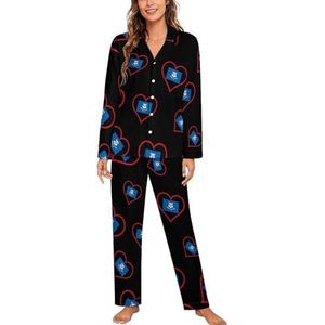 I Love Connecticut Rood Hart Vrouwen Lange Mouw Button Down Nachtkleding Zachte Nachtkleding Lounge Pyjama Set L