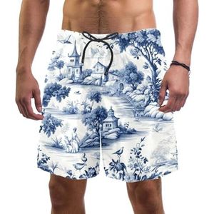 PAFEFO Klassieke wit-blauwe Toile boardshorts voor heren, sneldrogend, strandzwemmen, sportpakken met zakken, Klassiek Wit Blauw Toile, S