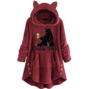 Dames pluche mantel kattenoren hoodie Kawaii karikatuur capuchon meisjes herfst en winter pullover voor feestjes reizen dagelijks schattige kat oor lange mouwen fuzzy pluffy tops, wijnrood, XX-Large,