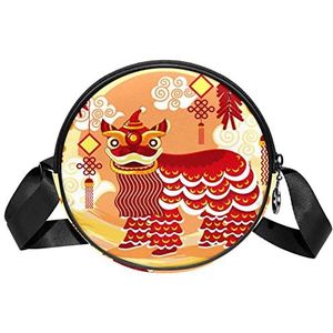 Messenger Bag Traditionele Chinese Lion Dance Festival Achtergrond Crossbody Tas voor Vrouwen Ronde, Meerkleurig, 6.7x6.7x2.3 in, Sling Rugzakken