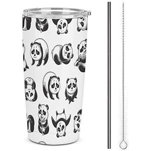 Cartoon Panda's Reizen Koffie Mok Rvs Tumbler Met Deksel En Stro Geïsoleerde Cup Voor Auto Thuis 17oz