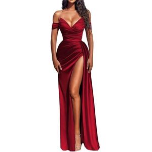 KIYNE Zeemeermin satijnen baljurk met split voor dames, geplooide off-shoulder baljurk korset, formele avondjurk, wijnrood, 32