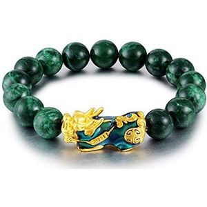 Armbanden, Feng Shui Obsidiaan Steen Kralen Armband Mannen Vrouwen Unisex Polsband Goud Kleur Zwart Bixie Rijkdom Armband-Antiek Koper Verguld (Color : Green)
