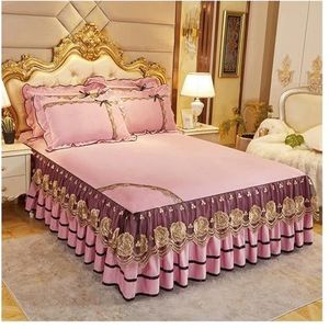 DUNSBY Bedrok luxe sprei op het bed bruiloft laken kant bed cover deken stof koning queen size bed rok met kussenslopen volant laken (kleur: roze, maat: 3 stuks 150 x 200 cm)
