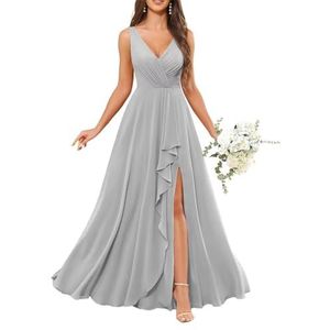 Chiffon baljurken voor dames, mouwloos, bruidsmeisjesjurken voor bruiloft, cocktailjurk, grote maten, Zilver, 32