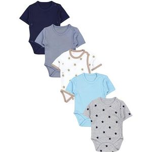 TupTam Baby Jongens Wikkelrompertjes Korte Mouwen Set van 5, Sterren Beige Marineblauw Uni Grijs Uni Sterren Uni Turquoise Uni, 56