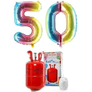 PARTY FACTORY Helium Set ""50"" met XXL nummer ballonnen, ballongas en ballonkoord - voor verjaardag, jubileum, verjaardag; goud, zilver, zwart, roze, roségoud, veelkleurig (regenboog)