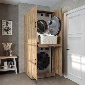 ROOMART Wasmachinekast Dora voor droger en wasmachine, in 4 kleuren, met deuren en uittrekplank (eiken)