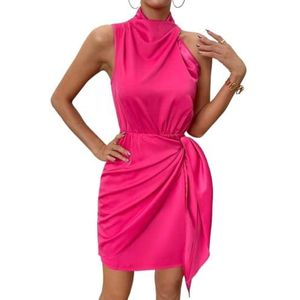 jurken voor dames Satijnen jurk met knoop en knoop aan de zijkant (Color : Hot Pink, Size : XL)