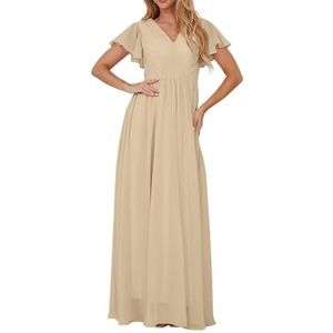 Bruidsmeisjesjurken met korte mouwen voor bruiloft, geplooide chiffon, formele avondfeest, maxi-jurk, V-hals, AH153, Champagne, 32